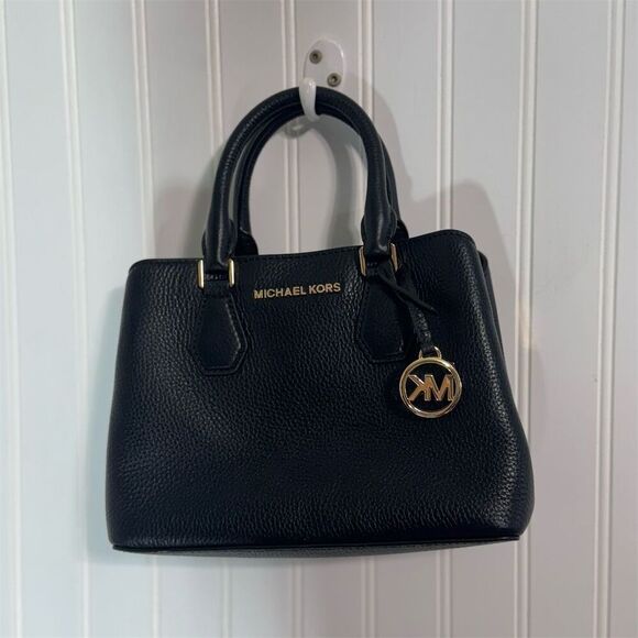 Michael Kors Camille Small Pebbled Leather Satchel Black Gold Hardware Tote - Picture 1 of 11